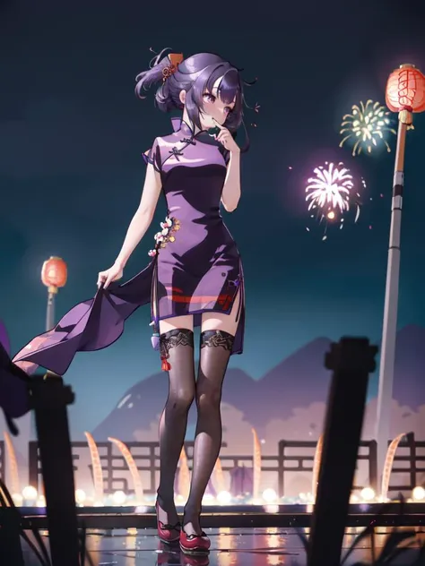 masterpiece, best quality, 1girl, solo, full body, (short chinese dress, qipao:1.4), windy, public place background, fireworks, skindentation, thighhighs, fallenshadow, purple eyes, hair bow, sidelocks, purple hair,  <lora:char-shondo:1>