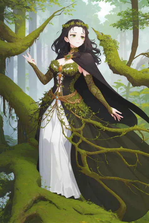 a woman in a long dress standing in a forest with a tree