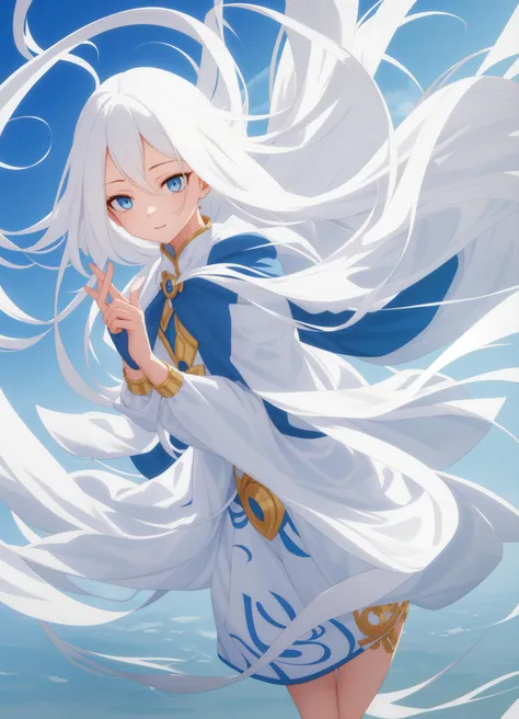 a woman with long white hair and blue eyes standing in front of a body of water