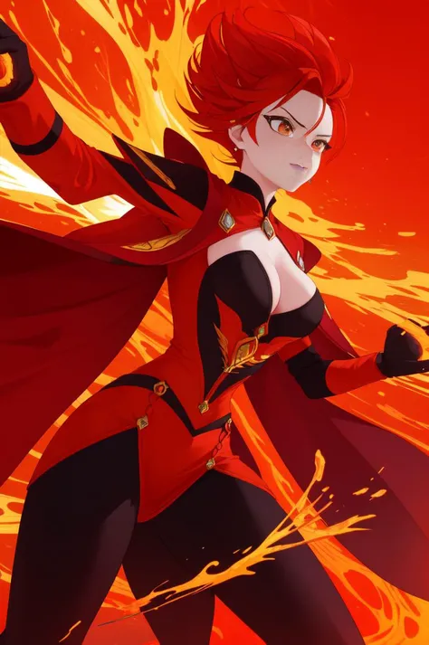 Introducing Blaze, the Fire Elemental Heroine: Her suit is ablaze with vibrant hues of red, orange, and gold, reminiscent of flickering flames dancing in the night. The fabric shimmers with a fiery intensity, radiating heat and energy. The emblem on her ch...