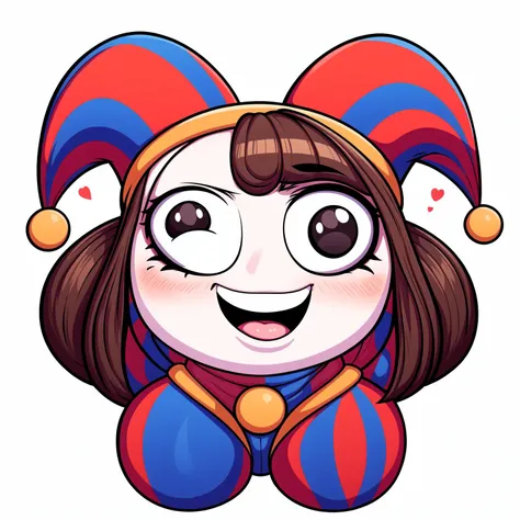 <lora:Stickers:0.5>,  sticker, white background, high contrast, 
<lora:more_details:0.5>,
 <lora:pomni:1.1>, 1girl, open mouth, brown hair, red eyes, gloves, hat, thighs, striped, puffy sleeves, symbol-shaped pupils, blush stickers, jester cap, clown,
mast...