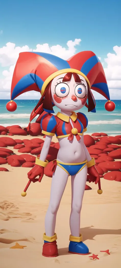 <lora:pomni:0.8>, pomni, solo, gloves red and blue, hat, facepaint, jester cap, clown, standing, full body, embarrased, blushing, ((red bikini)), beach, outdoors, sunny day