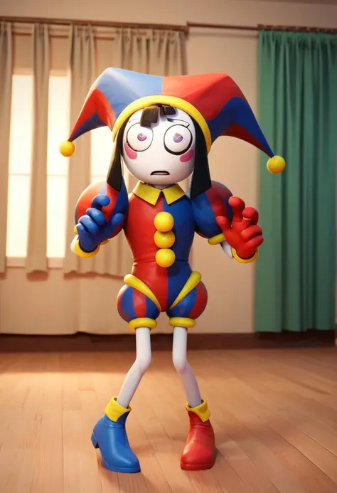 a close up of a toy clown standing on a wooden floor