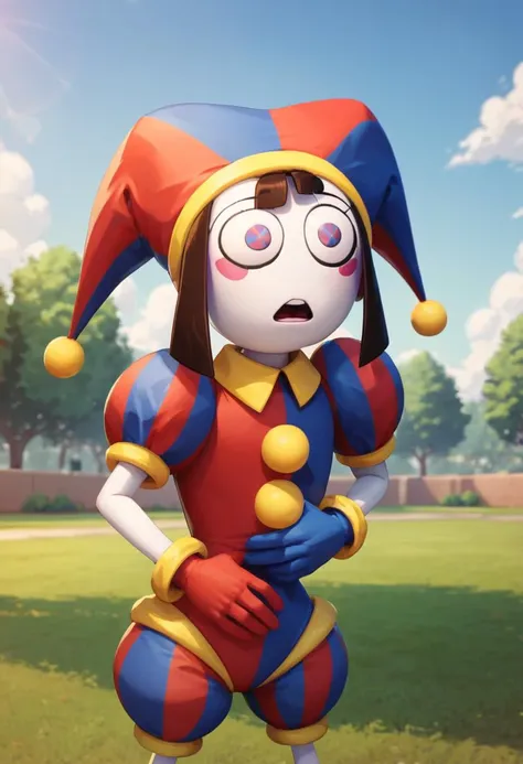 a cartoon character dressed in a clown costume standing in a field