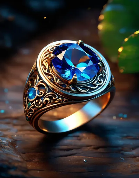 a close up of a ring with a blue stone on a table