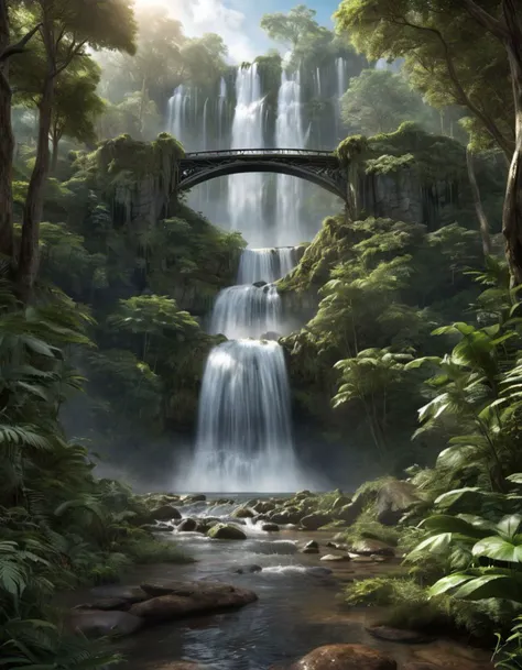 Hyperrealistic art a waterfall in the forest with a bridge over it, a matte painting by Michael James Smith, shutterstock contest winner, magic realism, beautiful stunning waterfall, peaceful beautiful waterfall, stunning waterfall . Extremely high-resolut...