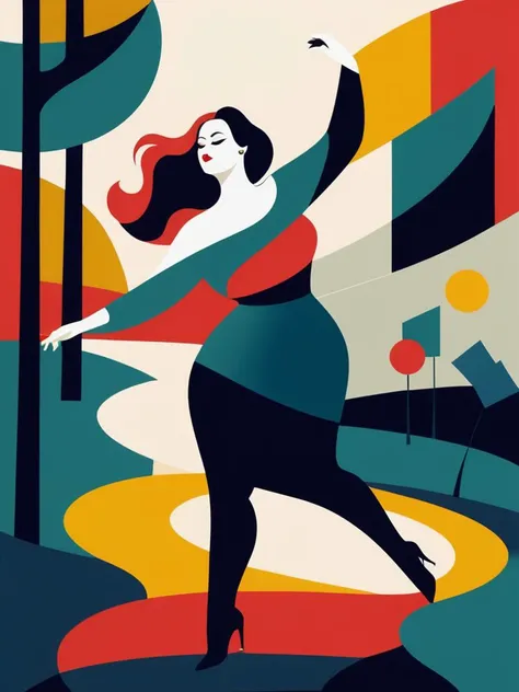 curvy woman dancing in the park,abstract, limited color palette, geometric forms, Suprematism