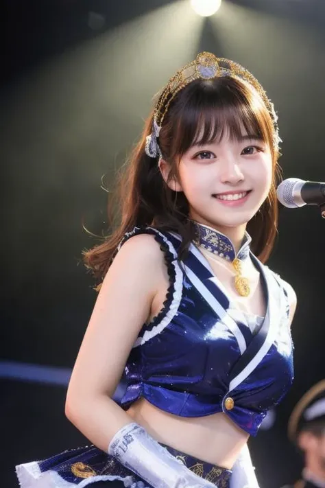 best quality, professional lighting, super detailed, realistic, beautiful detailed face eyes,18yo,<lora:jp idol costume:0.1> japanese idol outfit,smile,dancing, on stage,idol face