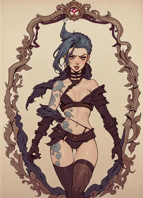 (Jinx, Legue of Legends, Arcane) , submissive pose, kinky aesthetic, award winning fashion photography of sexy, cloud tattoo,intense blue long hair, striped thighhighs,  flirting, freckles,  detailed,(official art, colorful art background, extreme detailed...