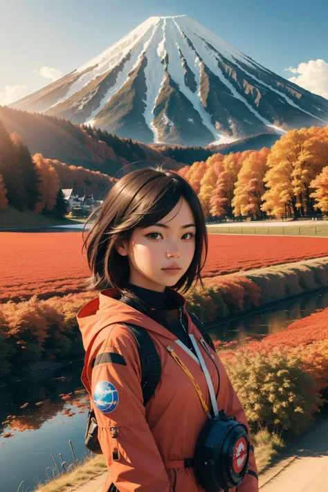 1girl, (designed by Greg Rucka:1.1) and (Shinji Aramaki:0.9) and (Dora Carrington:0.7) and (Erin Hanson:1.3) , detailed Digital painting, surreal, landscape of a ([Antipaxos:Interlaken:2]:1.3) in the distance there is a Mount Fuji, it is very Fiery and Ski...