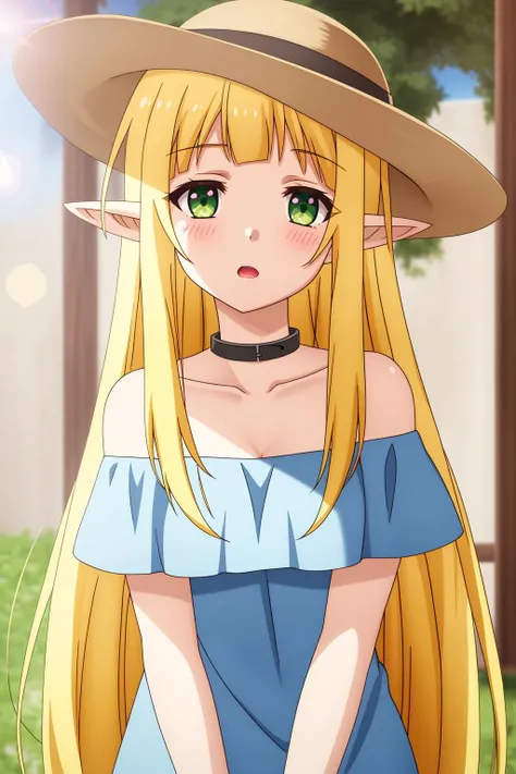 efil, 1girl, solo, breasts, long_hair, looking_at_viewer, blush, open_mouth, bangs, blonde_hair, hat, dress, medium_breasts, bare_shoulders, very_long_hair, green_eyes, collarbone, upper_body, choker, pointy_ears, off_shoulder, white_dress, blurry, collar,...