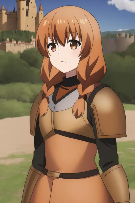 ange, 1girl, solo, long_hair, looking_at_viewer, bangs, hair_between_eyes, brown_eyes, braid, orange_hair, hair_over_shoulder, knight, armor, outdoor, castle, hill, knight_armor