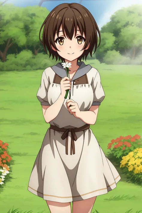 rion, 1girl, solo, looking_at_viewer, blush, smile, short_hair, bangs, brown_hair, hair_between_eyes, brown_eyes, summer_dress, white_dress, flower_field, outdoor