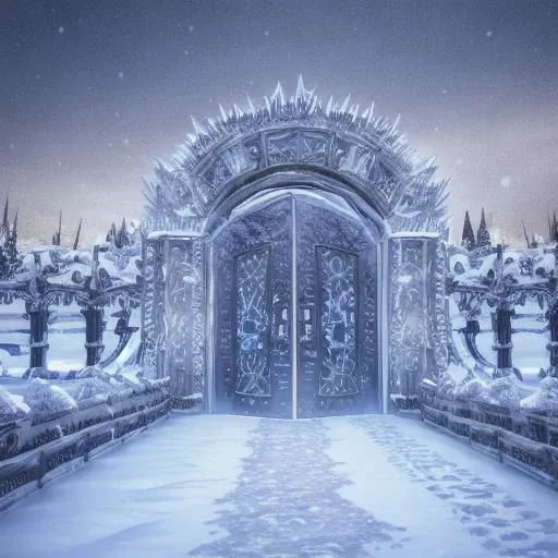 32k UHD cinematic shot of hell frozen over, intricate, gates of hell, frozen flames, ice embers detail, snow small embers in background, light smoke >v