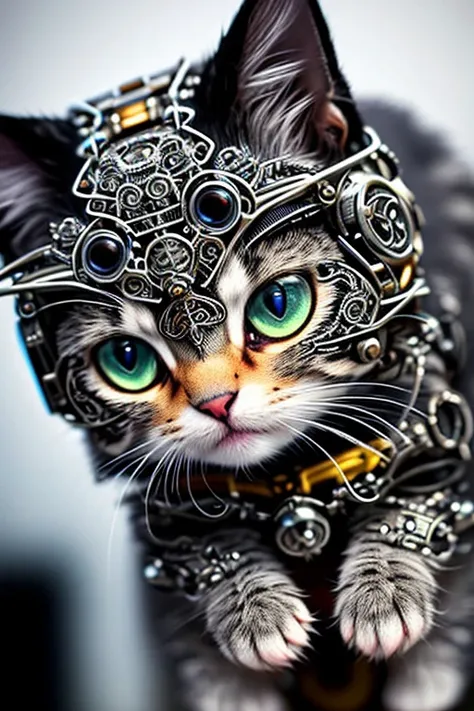 macro lens, a cute kitten made out of metal, cyborg, cyberpunk style, ((intricate details)), hdr, ((intricate details, hyperdeta...