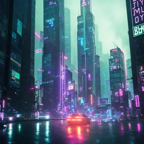 cyberpunk dark city, skyscrapers, neon lights, advertisment, night, hyper-realistic, photo, highly detailed, glass city, rainy, realism, moody cinematic, 8k, 3.5 mm, tokyo, futuristic, octane render, japanese, synthwave, cityscape, dramatic, wide angle, s...