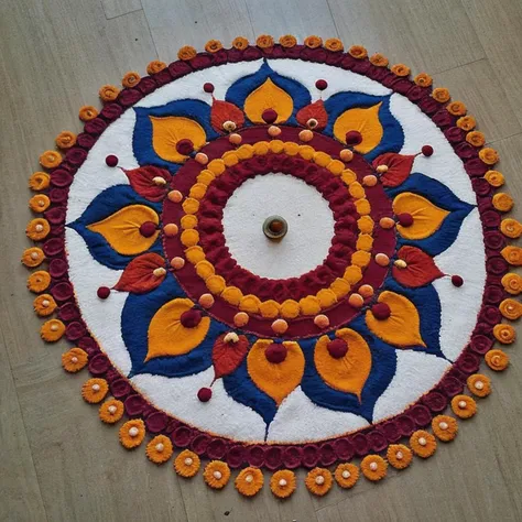 <lora:rangoli:0.8>, rangoli style on floor outside a door, Indian style, high quality,(( 2d, flat)), symmetry, rotational symmetry, diya lights, on brown floor, lamp lights