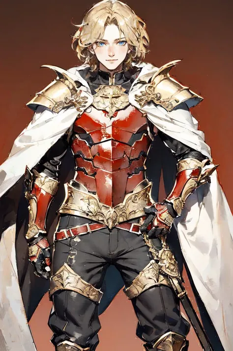 <lora:living fossil:1> fossil,, ultra detailed, masterpiece, best quality, solo, smile, red theme, 1boy, blue eyes, medium blonde hair, parted bangs, hair intakes, male focus, muscular male, armor, pauldrons, cuirass, gauntlets, waist cape, greaves, black ...