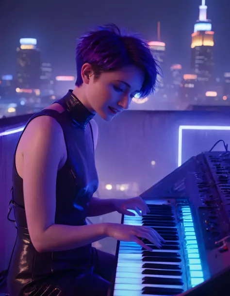 woman in leather outfit playing a keyboard in front of a city skyline