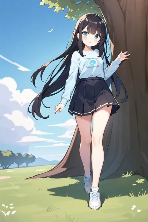 1girl, solo, long hair, skirt, outdoors, cloud, black hair, blue eyes, shirt, long sleeves, shoes, sky, tree, black skirt, full body, blue sky, bangs, blush, blue shirt, sneakers, standing, grass, white footwear, cloudy sky, day, print shirt, looking at vi...