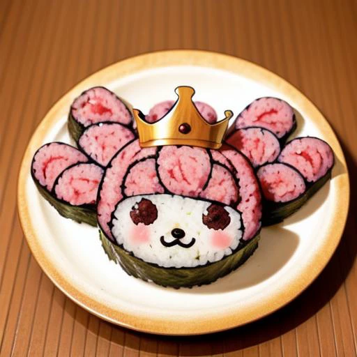 food, no_humans, (rice:0.5), animaki, food focus, objectification, wooden floor, <lora:animaki_cut_roll_v1:0.5>, crown