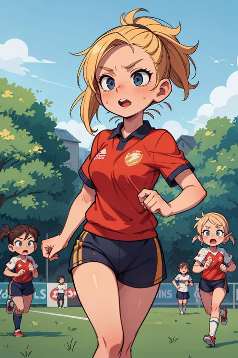 ((best quality, masterpiece)),
 dramatic, 2girls, running, soccer team uniform, sports uniform, blonde hair, soccer field, crowd 
<lora:more_details:0.5>