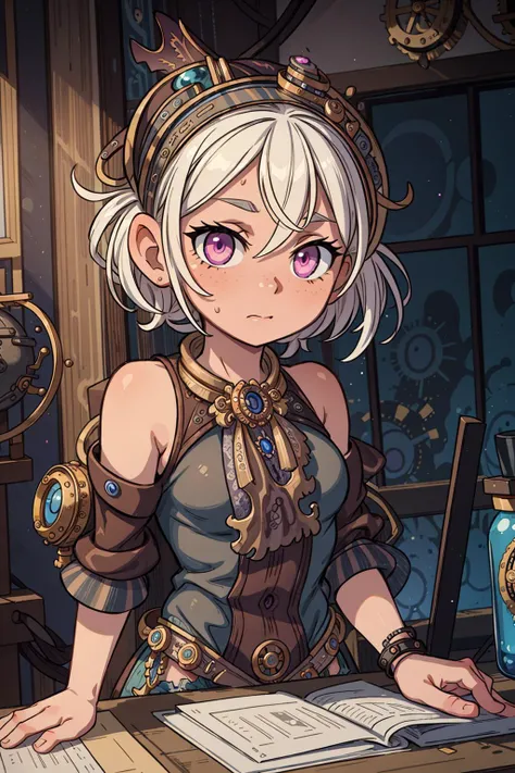 ((best quality, masterpiece)),  ((style-swirlmagic):0.3),
1girl, ((steampunk):1.3), bare shoulders, frills,  freckles, pink eyes, (([wavy|(messy:1.2)|short|ponytail|hair])), white hair, ((workshop at background):1.3),
 <lora:more_details:0.5> ,
 <lora:LowR...