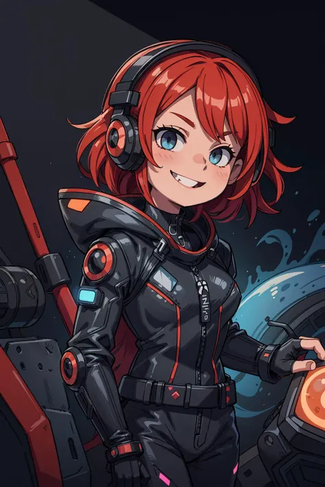 ((best quality, masterpiece)),  ((style-swirlmagic):0.3),
((black leather futuristic spacesuit)), headphones, neon lit, (smiling), 1girl, red hair, wavy hair,  a white parts of mechanical female, looking at viewer, soft colors,  black background,
 <lora:mo...