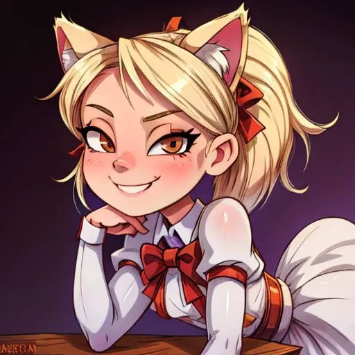 A realistic, highly detailed youthful petite 18 year old young adult girl with long blonde hair, brown almond shaped eyes, blonde cat ears, smug smile, bow-shaped lips, snub nose, round chin, white skin, wearing feint makeup, female fantasy attire, with ac...