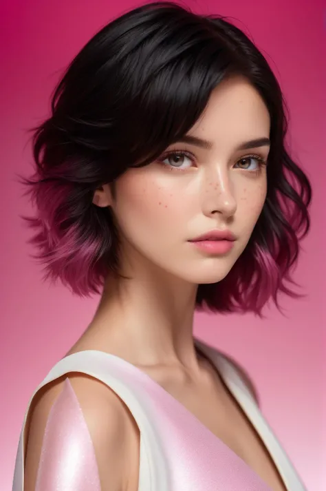 (masterpiece,best quality, ultra realistic,32k,RAW photo,detail skin, 8k uhd, dslr,high quality, film grain:1.5),
 short hair , Black hair,lady,  brown eyes, White byzantine armor, freckles,
(deep pink gradient background, simple background:1.3)