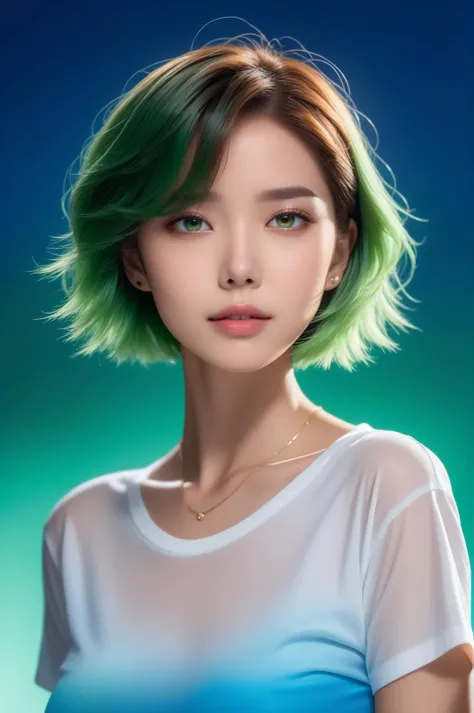 (masterpiece,best quality,detail face, ultra realistic,32k,RAW photo, 8k uhd, dslr, high quality,film gain:1.1), 
 short hair , green hair hair:1.1,portrait,lady,  brown eyes, Pearlescent taut shirt,
(Blue gradient background,led light, simple background)