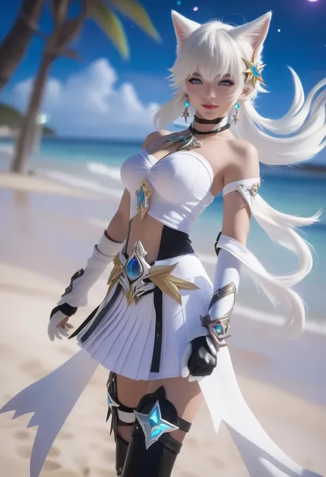 ((best quality)), ((masterpiece)), (detailed), <lora:yshtola_rhul_sdxl:0.5>  yshtola in a fighting stance, BREAK cat ears, white hair, white tail, bangs, lips, miqote, fingerless gloves, masterpiece,beach, shiny skin, topless, tall, beach, star guardian (l...