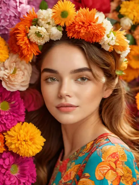 (RAW photo, best quality, masterpiece:1.2), young lady, detailed face, detailed skin, Aesthetic Flowers, retro design pattern, multi-color, simple background