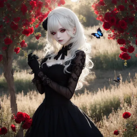 (masterpiece, best quality:1. 2), darkness, 1girl, pale skin, detailed white hair over one eye, red eye, silhouette, gothic Lolita, black veil, laced black gothic dress, black gloves, BREAK , scenery, flower meadow, red rose, glowing blue butterfly