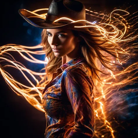 (masterpiece, best quality:1.4), light painting, (long exposure:1.2),dynamic streaks, luminous trails, vibrant colors, fluid movement, captivating patterns, creative experimentation,(1girl),(highest detailed),(cowboy shot:1.2),dynamic pose