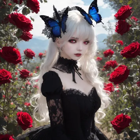 (masterpiece, best quality:1. 2), darkness, 1girl, pale skin, detailed white hair over one eye, red eye, silhouette, gothic Lolita, black veil, laced black gothic dress, black gloves, BREAK , scenery, flower meadow, red rose, glowing blue butterfly