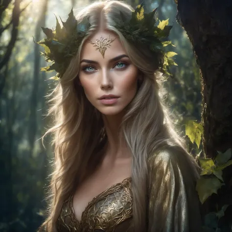 Beautiful (female) Wood Elf dressed as wizard, detailed gorgeous face, Beautiful big (heart-shaped) reflective eyes, long flowing hair, expansive Magical Forest background, Full Moon, ultra detailed, full body, artistic, shadows, oil on canvas, brush strok...