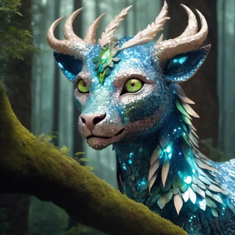 Create an AI-generated image of a mythical creature that roams the dense forests of an enchanted land, with shimmering scales and piercing eyes.