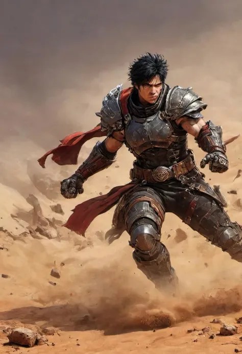 Side view, piercing generic body with fist,, Illustration by David Macaulay, Profoundly red grey dystopian desert, sand dust, rocks, Stains, space grunge style, black Hair, Kenshiro from fist of the north star wearing used blackish Mad Max Styled leather a...