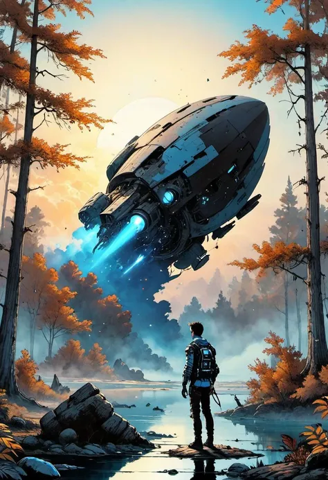 a man standing in front of a spaceship flying over a forest