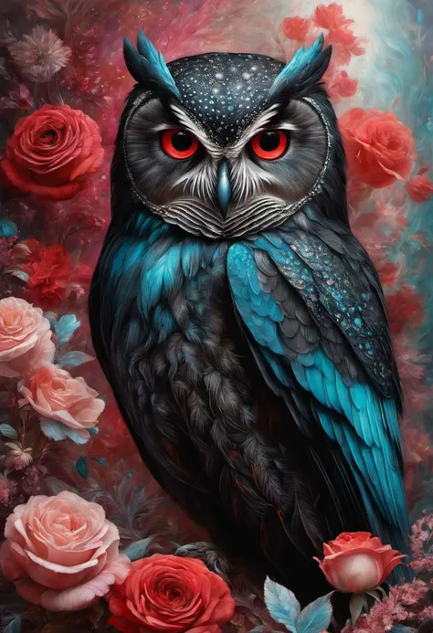 (((black and red hue))), Masterpiece, a burst of plasma owl, dream, ornate, explosion of liquid whimsical fantasy elegant rose floral botany maximalism with a wave of flowers garden flowing flowers floating in misty soft pink, aqua, soft apricot, fluffy do...