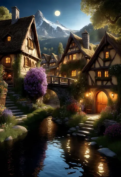 the hobbit, tolkien, a medieval village in switzerland with river and pool, ornate, beautiful, atmosphere, vibe, flowers, concept art illustration, greg rutowski, volumetric lighting, sunbeams, particles, oversaturate, intricate, volumetric lighting, beaut...