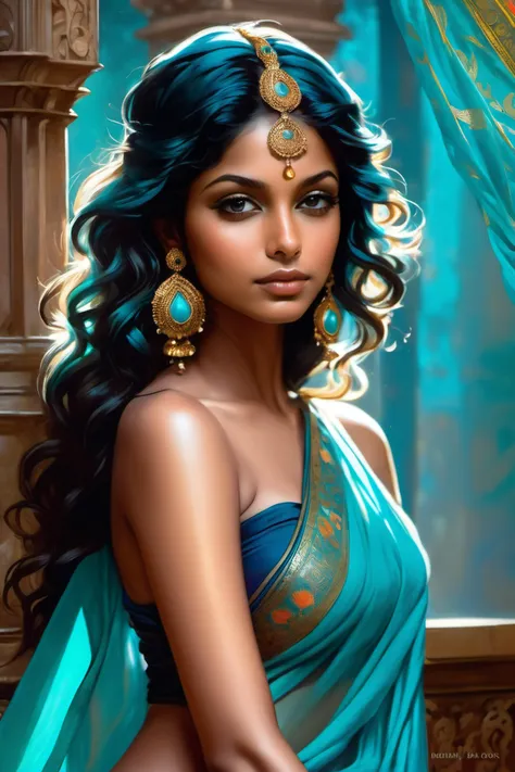 masterpiece,best quality, renaissance style  girl,dark Ocean blue Side-swept curls hair,Bare shoulder,beautiful Indian girl, light skin,DayGlo turquoise translucent saree sari, perty, beauty face, . realistic, perspective, light and shadow, religious or my...