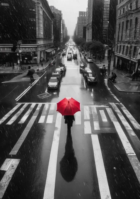 aerial shot of a busy city street in the rain, view from above, abstract, black and white, b&w, traffic, cars, people, (woman crossing the street at a crosswalk with a red umbrella:1.3), outstanding composition, rule of thirds, abstract, shapes, form, insa...