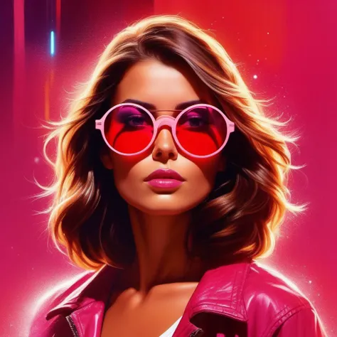 cool woman wearing sunglases, cartoon and groovy style, intense colors(red, pink and white only), circular vectors, simple design, t-shirt design, white background, sharp focus, emitting diodes, smoke, artillery, sparks, racks, system unit, motherboard, by...