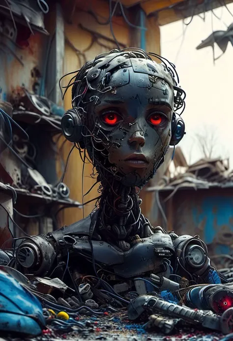 a close up of a robot with red eyes sitting in a pile of junk