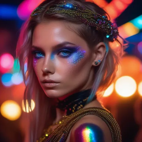 Amazing detailed photography of a perfect beautiful raver 1girl at a concert high on drugs, beads, glow sticks, black lights. having a good time, high resolution face, piercing eyes, Simon Bisley, Anti-Aliasing, FXAA, De-Noise, Post-Production, SFX, insane...