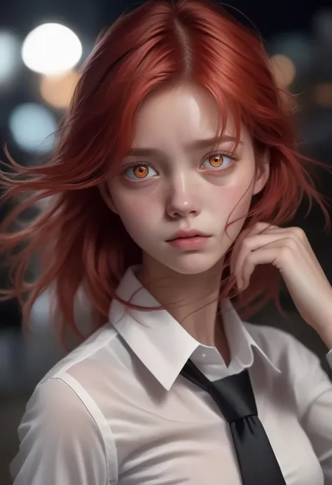 <lora:makima_loraxl:0.7>, ((best quality)), ((masterpiece)), (detailed), ((emotional, expressive, 1girl, makima, adult, windy, looking at viewer, exhausted, sweat, floating hair, red hair, night)), standing, white shirt, black tie, ringed eyes