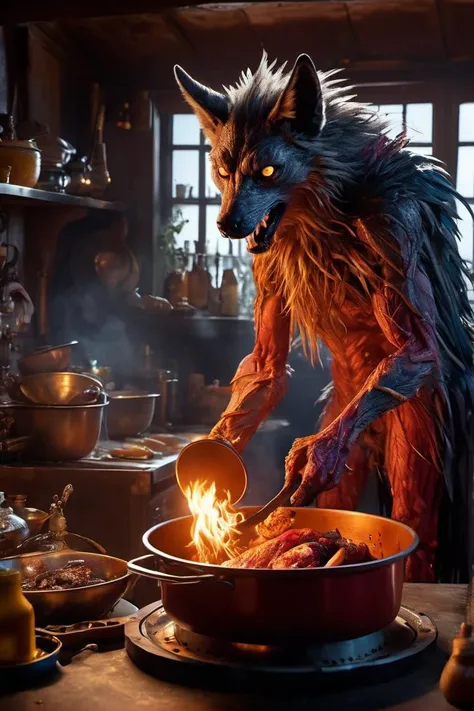 (Ultra realistic, Intricate, Epic movie scene), (a Lycanthropic Phoenix Tasting the contents of a cooking pot, full body) (in A Ghost Ship), (Intricate, Lots of tiny details, amazing lighting, amazing setting), (Colorful, Ultra Realistic, High quality, Hig...