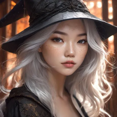 Closeup portrait of a young witch, freckles, Asian, scarred face, platinum hair,  digital painting, detailed face, shot on Canon 5d trending on artstation Pixiv fanbox deviantart artwork by Audrey Kawasaki WLOP Artgerm Craig Mullins Ruan Jia masterpiece, p...